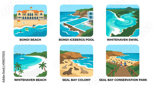 Scenic Australian landmarks featuring famous beaches and pools in illustrations