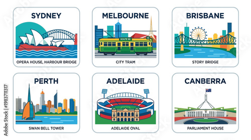 Australian city landmarks illustrated in colorful graphics and text
