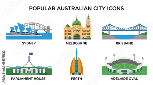 Popular Australian city icons and landmarks illustrated in vibrant colors