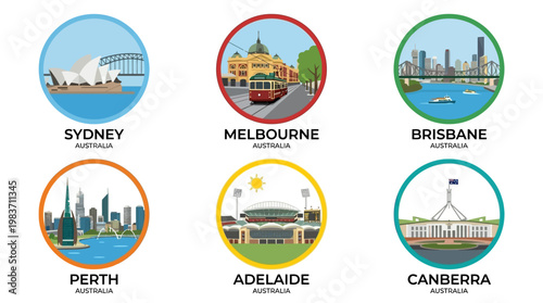 Australian city icons featuring Sydney, Melbourne, Brisbane, Perth, Adelaide, Canberra landmarks
