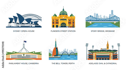 Australian landmarks illustrated in vibrant colors and modern designs