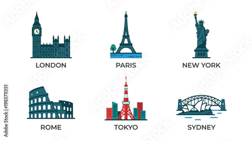 Famous landmarks of London, Paris, New York, Rome, Tokyo, Sydney