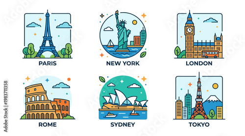 Colorful illustrations of famous landmarks in Paris, New York, London, Rome, Sydney, and Tokyo for travel inspiration and city guides