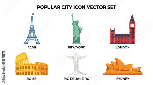 Vector illustrations of famous landmarks in popular cities worldwide on white