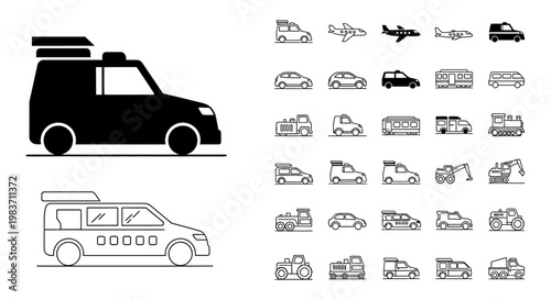 collection of vector icons representing various vehicles and transportation modes
