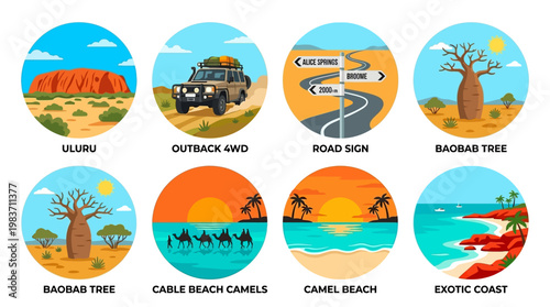 Australian landmarks and scenery featuring Uluru, Outback adventures, road signs, beaches, and wildlife