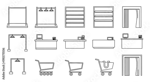 retail store elements clothing racks shelves cash registers shopping carts fitting rooms