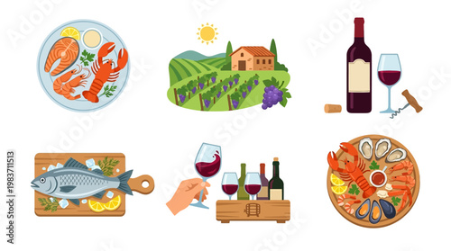Seafood and wine illustrations including fish, shrimp, lobster, vineyard, wine bottle