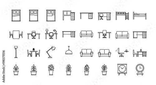 simple line icons of furniture and home decor for interior design concepts