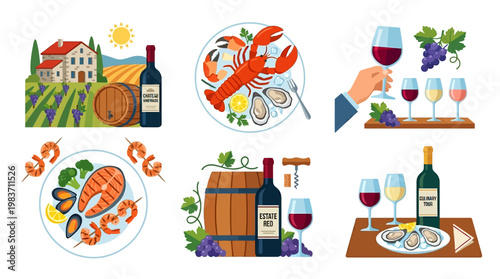 Wine and seafood pairing illustrations with vineyard scenes and culinary delights