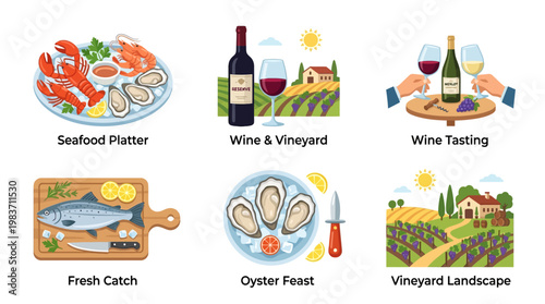 Seafood and wine illustrations including oysters, fish, shrimp, and vineyards with wine bottles