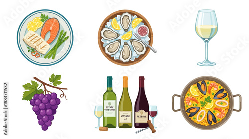 Seafood paella dish with wine and grapes for a fine dining experience