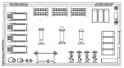 top view of a modern gym interior with treadmills and weightlifting equipment