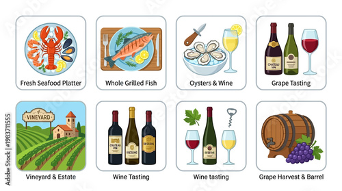 Wine and seafood culinary experience with fresh food and drink