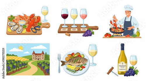 Fresh seafood and wine selection with a chef preparing a meal in a vineyard setting with wine glasses and bottle