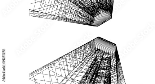 abstract architectural wireframe design of two modern skyscrapers in wireframe style