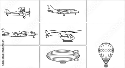 air transportation vehicles collection biplane jet helicopter blimp hot air balloon line art illustration.