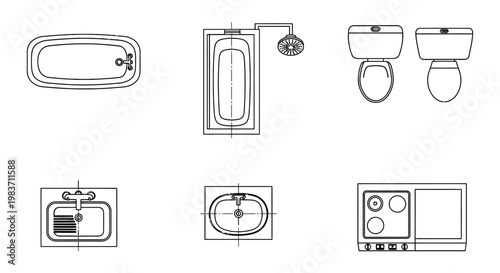 architectural drawings of plumbing fixtures kitchen appliances and bathroom elements featuring top view line art for modern home design.