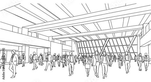 busy crowd of business people walking in a modern airport terminal illustrating professional urban life and daily commute.