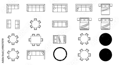 top view of modern furniture collection living room and dining room setups