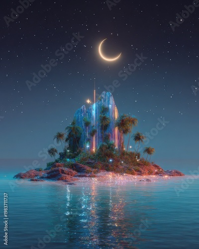 Fantasy Island Palace Under Crescent Moon Night Sky