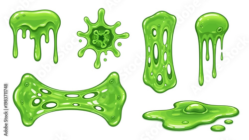 bright green slime dripping gooey cartoon horror liquid illustrations isolated on white ideal for games and spooky themes.