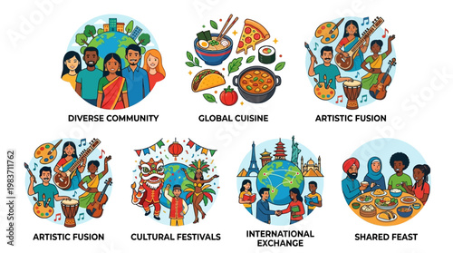 Diverse community coming together through global cuisine and artistic cultural exchange