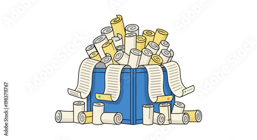 a blue bin overflowing with rolled documents and receipts symbolizing data overload and excessive bureaucracy perfect for information management visuals.