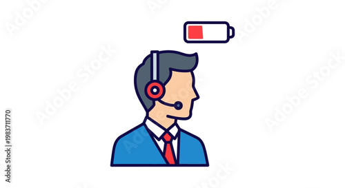 a customer service agent wearing a headset with a low battery icon overhead symbolizing professional burnout exhaustion and employee stress or work fatigue.