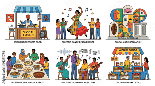Cultural expressions illustrated through vibrant food music and art scenes worldwide daily