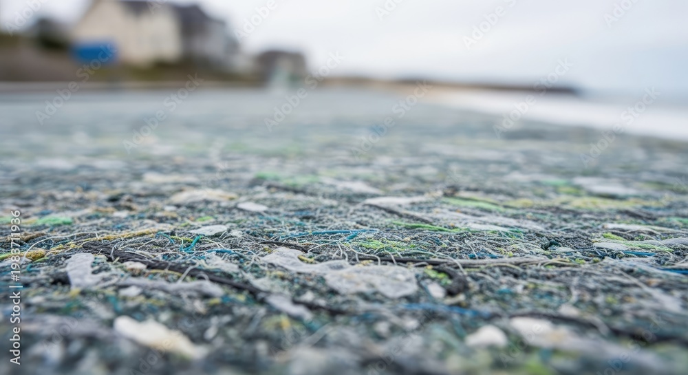 Fototapeta premium A close-up shows a textured ground made of shredded, multi-colored materials, blurring to a coastal view with buildings and the ocean under an overcast sky