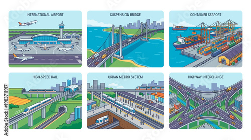 Various transportation systems and infrastructures around the world are shown