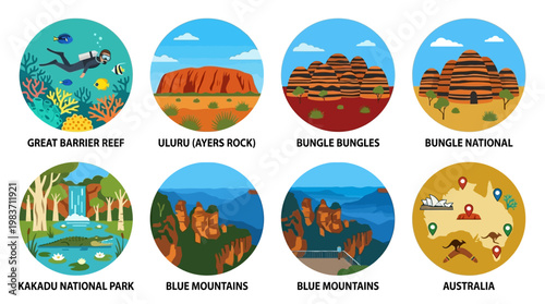 Scenic Australian landmarks featuring the Great Barrier Reef and Uluru