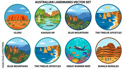Australian landmarks vector set featuring Uluru, Kakadu NP, Blue Mountains, Twelve Apostles, Great Barrier Reef, and Bungle Bungles