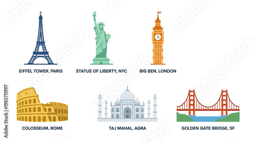 Famous landmarks around the world including Eiffel Tower, Statue of Liberty and others