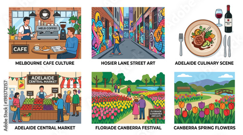 Australian city scenes and cultural attractions illustrated in vibrant colors