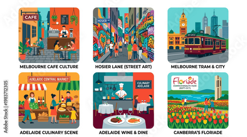Melbourne cafe culture and city scenes in Australia illustrations