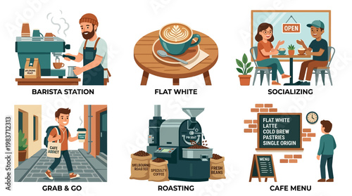 Cartoon illustrations of coffee shop scenes including a barista station and roasting