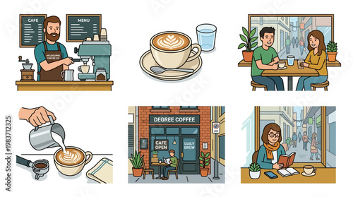 Cartoon illustrations of people enjoying coffee at a cafe