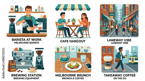 Melbourne coffee culture scenes with baristas, cafes, and coffee shops