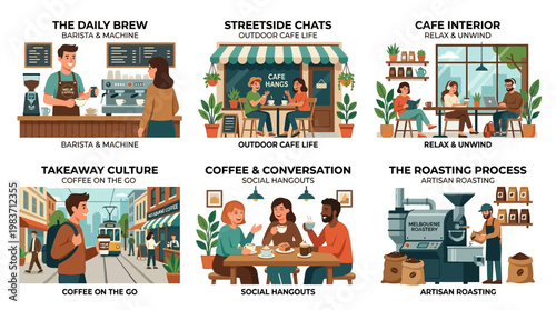 Various scenes of people enjoying coffee in different settings and activities daily