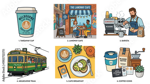 Melbourne coffee culture symbols and icons in illustrations