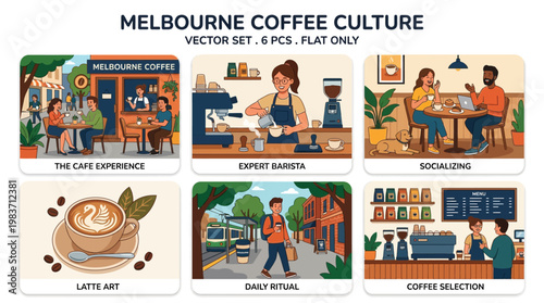 Melbourne coffee culture vector set of six flat illustrations