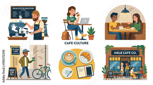 People enjoying coffee culture in various cafe settings and activities daily