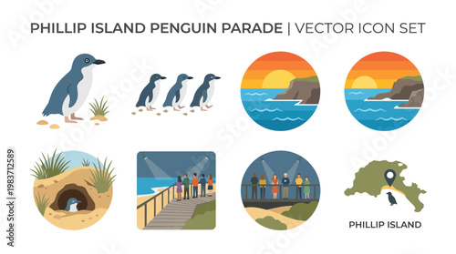 Phillip Island Penguin Parade Vector Icon Set Features Various Penguin Illustrations