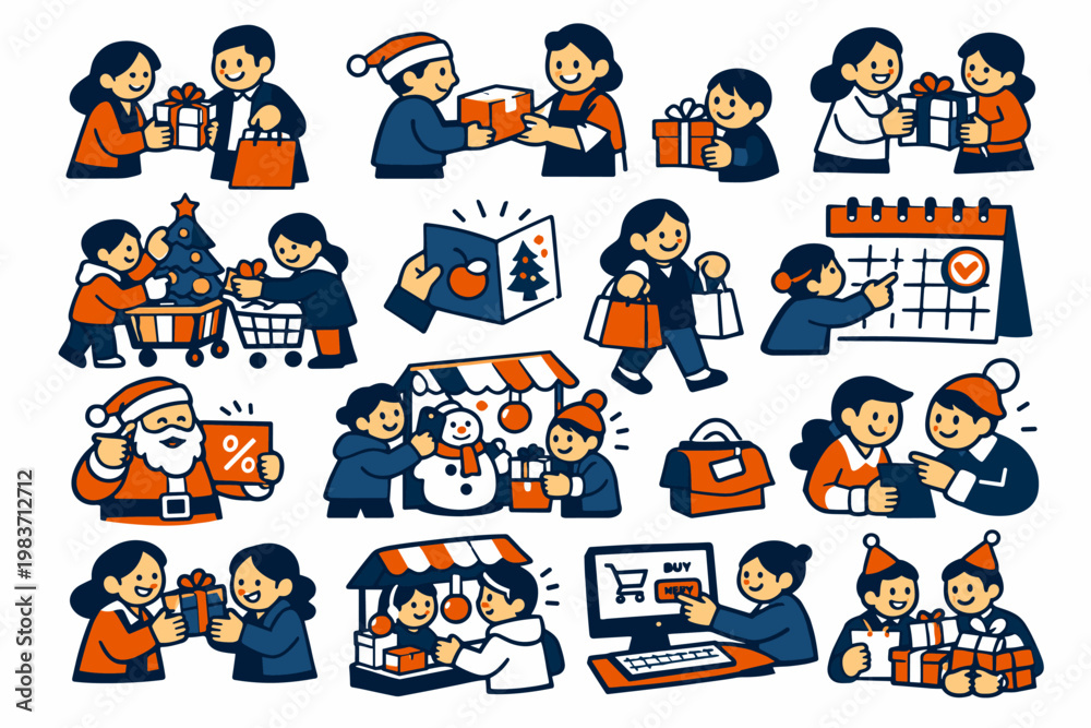 Fototapeta premium Christmas Commerce Stories flat vector digital illustration, doodle flat, thick outline, expressive characters, simple shapes, playful proportions, exaggerated