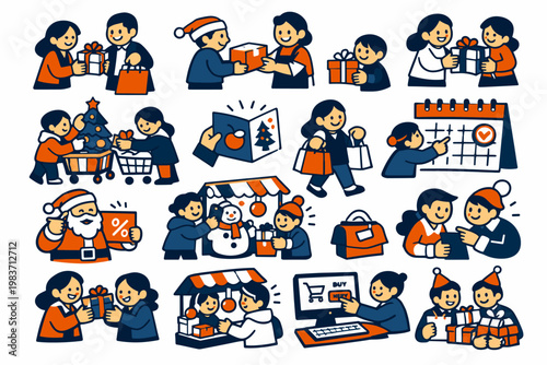 Christmas Commerce Stories flat vector digital illustration, doodle flat, thick outline, expressive characters, simple shapes, playful proportions, exaggerated