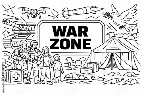 Military Conflict Response. Clean outline line art banner of war and humanitarian response with two soldiers guiding civilians beside an oversized tank and