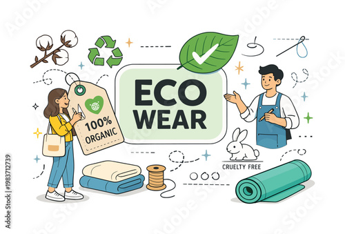 Sustainable Fashion Choices. Clean editorial banner about ethical clothing and eco fashion, one shopper and one designer interacting with an oversized garment