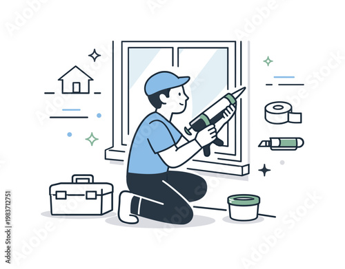 Home maintenance. A person cleaning and sealing window edges, ensuring insulation and durability, creating a calm and responsible mood. Gentle motion lines and